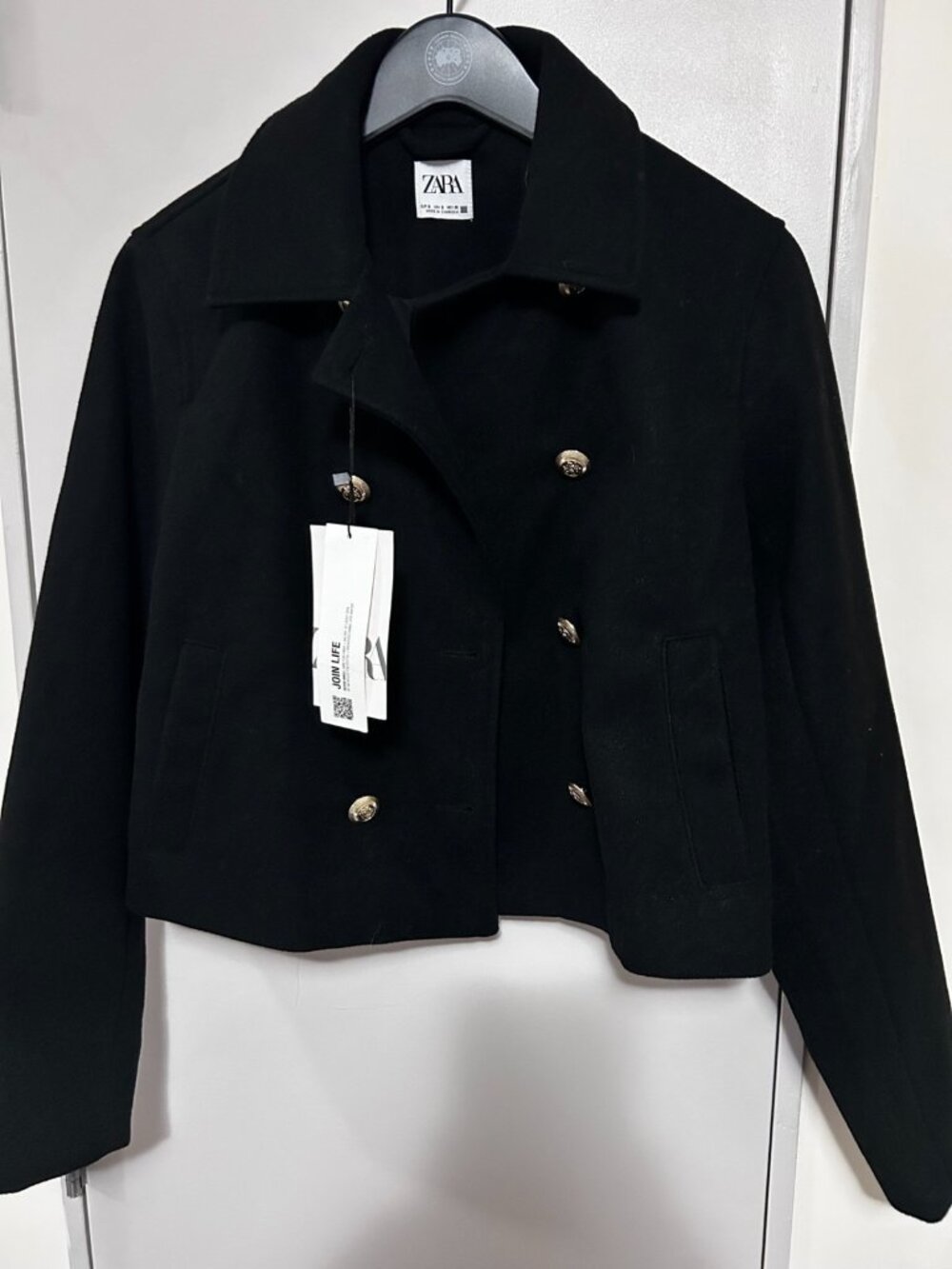 Zara Black Cropped Double Breasted Jacket Gold Buttons Women's S NWT